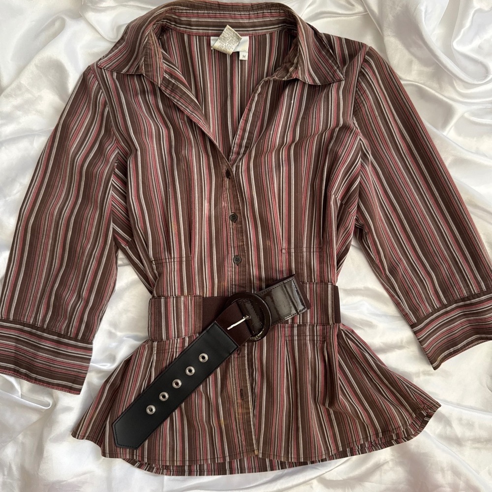 Clichy Brown Striped Belted Peplum Blouse 3/4 Sleeve Y2K Top